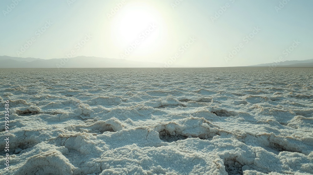 Wall mural A dry, desolate salt flat in the desert, with the ground covered in a thin crust of white salt crystals. -