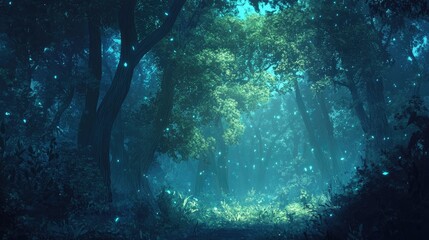 Obraz premium A forest enveloped in soft blue light, with green leaves glowing, creating an otherworldly, mysterious ambiance