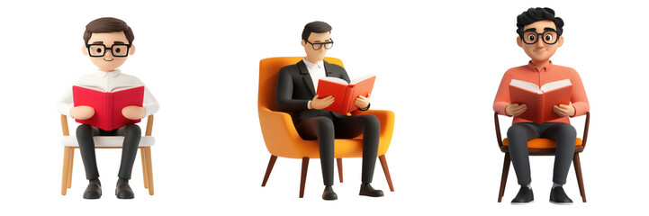 Three animated characters reading books in different outfits, showcasing diverse interests and a love for literature. isolated on a transparent background
