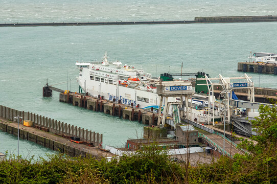 dover, Kent, UK - 6th April 2024: Irish Ferries cargo ship carrying freight to Europe at Dover maritime port, Kent, UK.
