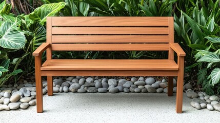 A teak garden bench surrounded by natural elements like pebbles and plants, illustrating the durability and sustainability of teak in outdoor settings