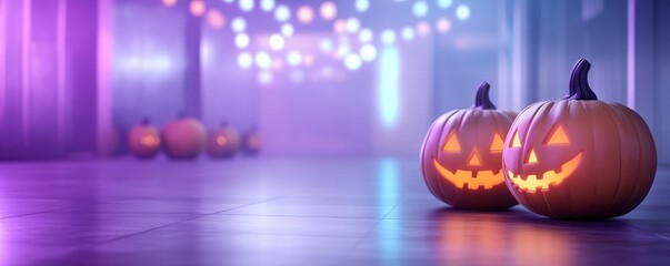 Spooky dance floor with Halloween decorations, glowing jackolanterns, 3D illustration