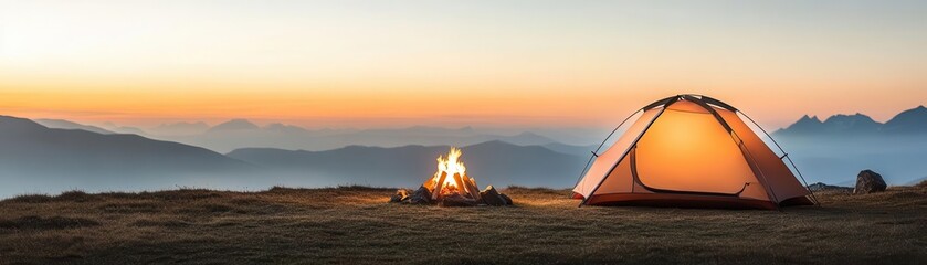A budget-friendly campsite at dawn, with a tent and a small campfire, Realistic, Soft Pastel Colors