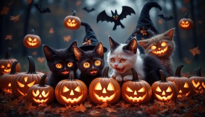 Fototapeta premium Halloween banner featuring a cute blak cats Halloween attributes, small pumpkins on orange and black background