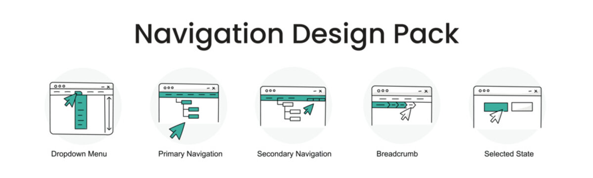 Navigation Design Pack. Icons included: Primary Navigation, Secondary Navigation, Breadcrumb, Dropdown Menu, Selected State