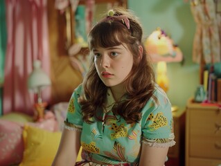 Young woman sitting on a bed in a retro bedroom, looking thoughtfully into the distance.