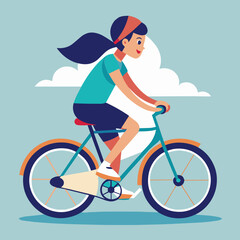Fototapeta premium Young girl riding a bicycle joyfully on a colorful background with clouds