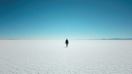 Fototapeta premium A lone figure walking through a vast, dry salt flat, with the horizon stretching endlessly in the distance.