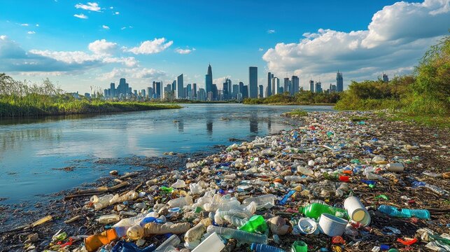 Riverbanks littered with plastic waste colorful landscape industrial city skyline in the distance powerful environmental message