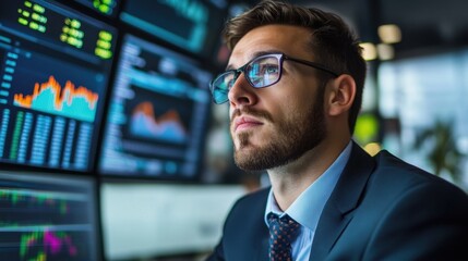 Fototapeta premium Investors analyzing stock market trends in a modern office with charts and graphs in the background business attire focused expressions