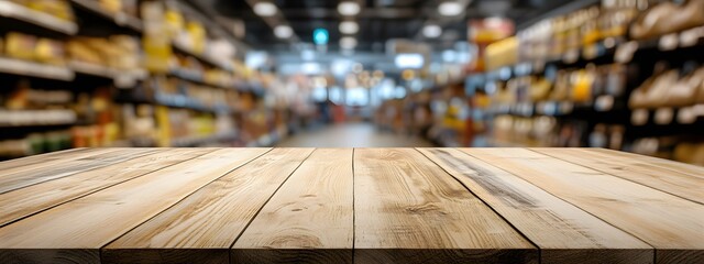 Wooden table top with a blurred background of a supermarket interior, featuring shelves full of products for product display or montage