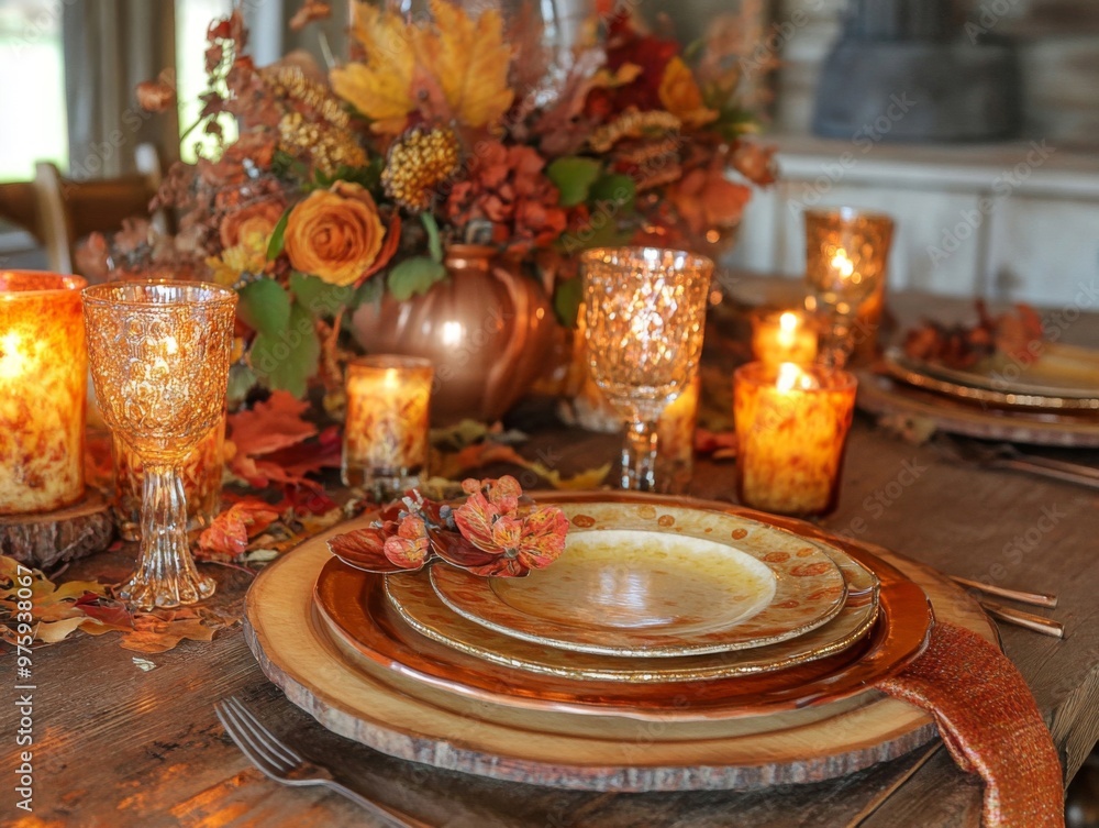 Poster rustic autumn table setting with candles and flower arrangement