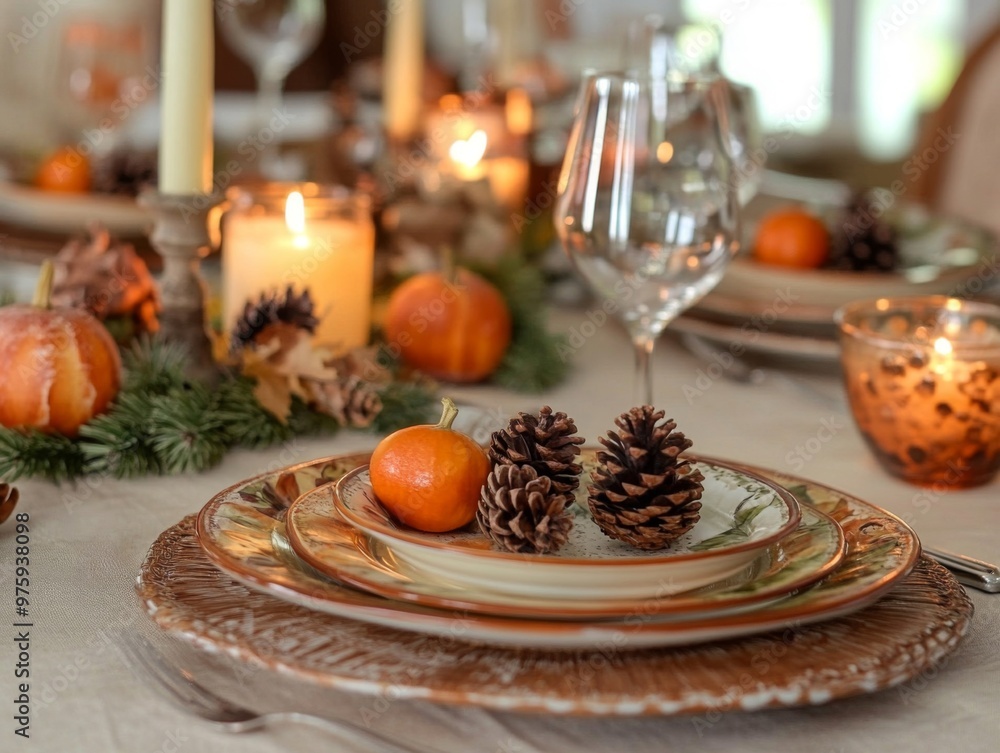 Poster rustic table setting with pine cones and pumpkins