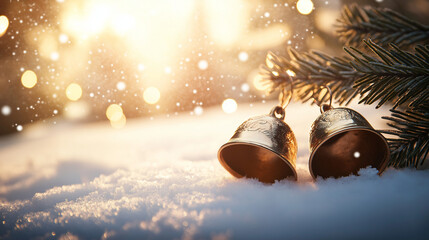 Golden bells nestled in snow with pine branches and a warm bokeh background during winter