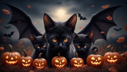 Fototapeta premium Halloween banner featuring a cute blak cats Halloween attributes, small pumpkins on orange and black background