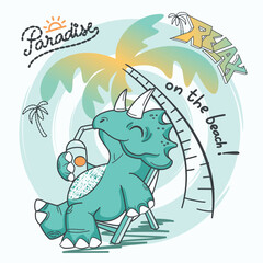 Happy little dinosaur triceratops drinking juice on sea beach on his vacation on white background illustration vector, T-shirt graphic design.