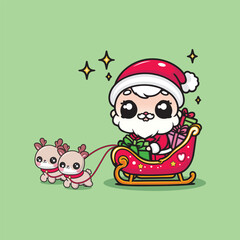 Cute Santa Claus delivering gifts in a tiny sleigh being pulled by cute reindeers.