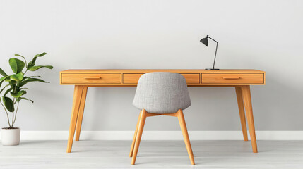 A sleek, contemporary teak desk with an ergonomic chair, styled with recycled office accessories, emphasizing an ecofriendly workspace