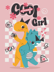 Lovely two dinosaur happy best friends hugging on checkered background illustration vector, T-shirt design for kids.