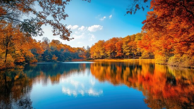 A peaceful lake surrounded by trees with bright fall colors reflecting on the water.