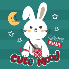 Happy rabbit wears a red bag and text cute mood on striped background illustration vector, for t-shirt print.