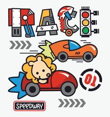 Fototapeta premium Cute racing cars typography t-shirt graphic with baby lion cartoon driving race car isolated on white background illustration,Vector print for children wear.