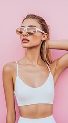 Fototapeta premium Young Woman Poses Confidently Against a Pink Backdrop Wearing Stylish Sunglasses and a White Top