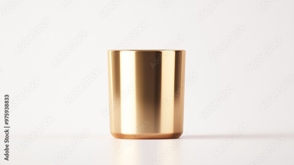 Poster a sleek 3d golden cup with a minimalistic design, isolated on a white background with subtle reflect