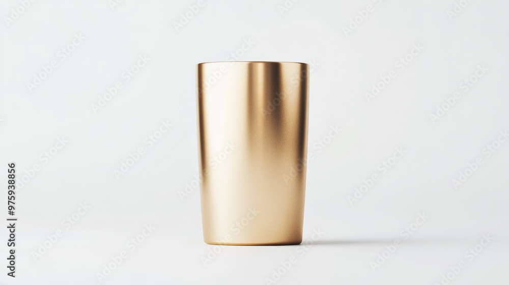 Poster a sleek 3d golden cup with a minimalistic design, isolated on a white background with subtle reflect