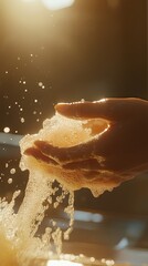 Fototapeta premium Capturing the Moment of a Hand Releasing Soap Bubbles During Evening Dishwashing in a Warm Kitchen