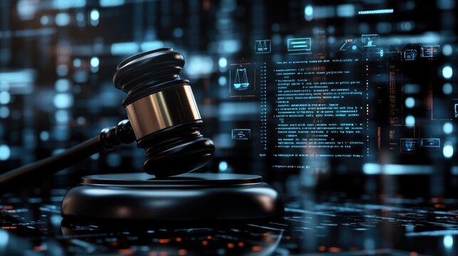 A judicial gavel set on a black base, with holographic law symbols and data streams behind it, showcasing the role of technology in modern law