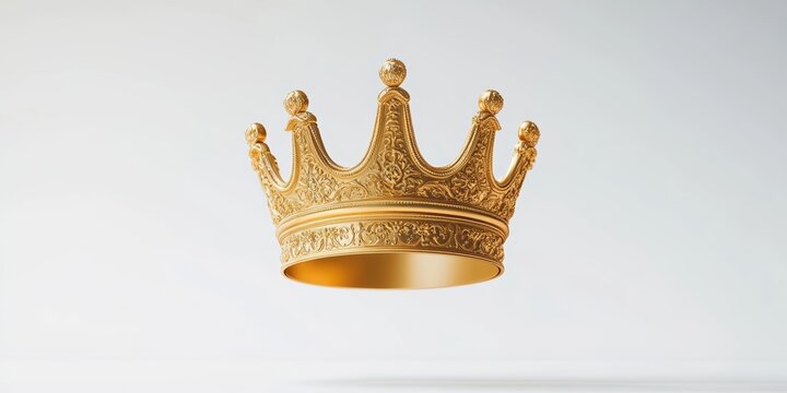 A three-dimensional gold crown with intricate detailing, floating above a white surface, symbolizing leadership and royalty