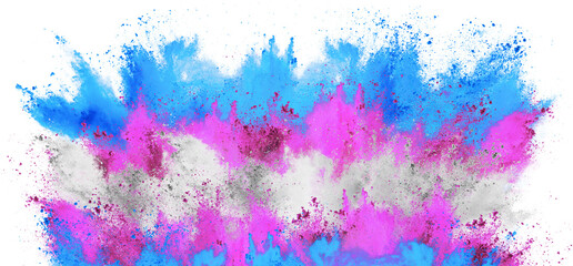 colorful transsexuality pride or lgbt flag with pink blue color holi paint powder explosion isolated white background. free transgender transsexual sexuality equal rights and CSD freedom concept.