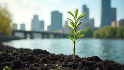 Fragile willow sapling near riverbank cityscape in distance