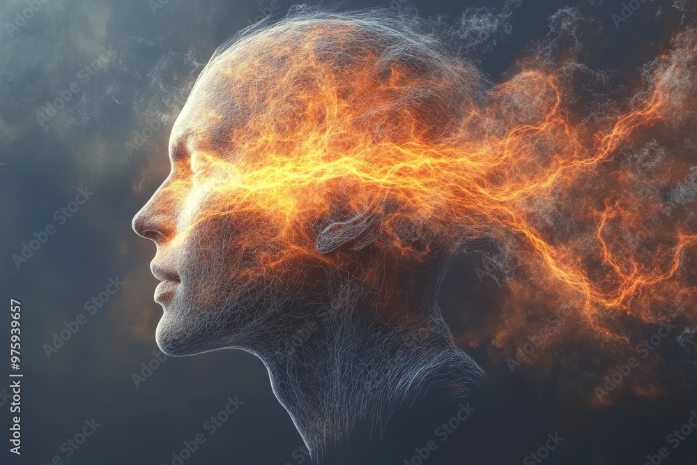 Poster side view of a man with fiery neural connections surrounding his head blending the themes of futuris