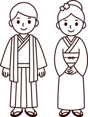 Cute boy and girl couple in national costume of Japan. Cartoon children in traditional Japanese kimono. Black and white line art for coloring. Clip art illustration.