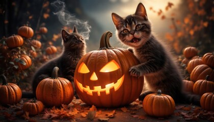 Halloween banner featuring a cute blak cats Halloween attributes, small pumpkins on orange and black background