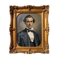 The Statesman's Gaze: A photorealistic portrait of a distinguished gentleman in 19th-century attire, his intense gaze captivating the viewer from an ornate gold frame. 