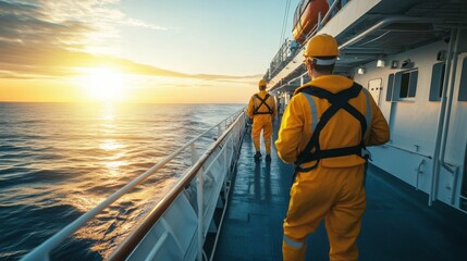 Workers in Safety Gear Walk Along the Deck of a Ship During a Vibrant Sunset Near the Horizon