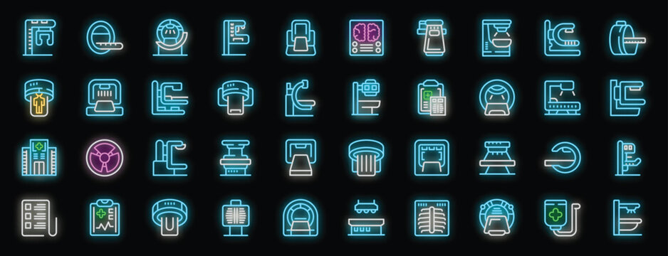 Glowing neon icons representing different magnetic resonance imaging devices found in hospitals and medical facilities
