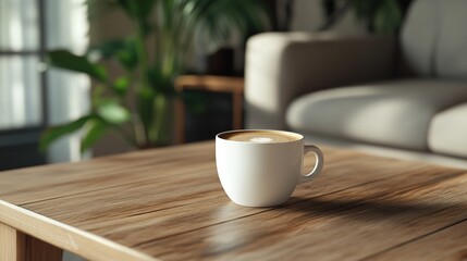 Obraz premium Steaming coffee cup on wooden table in sunny room