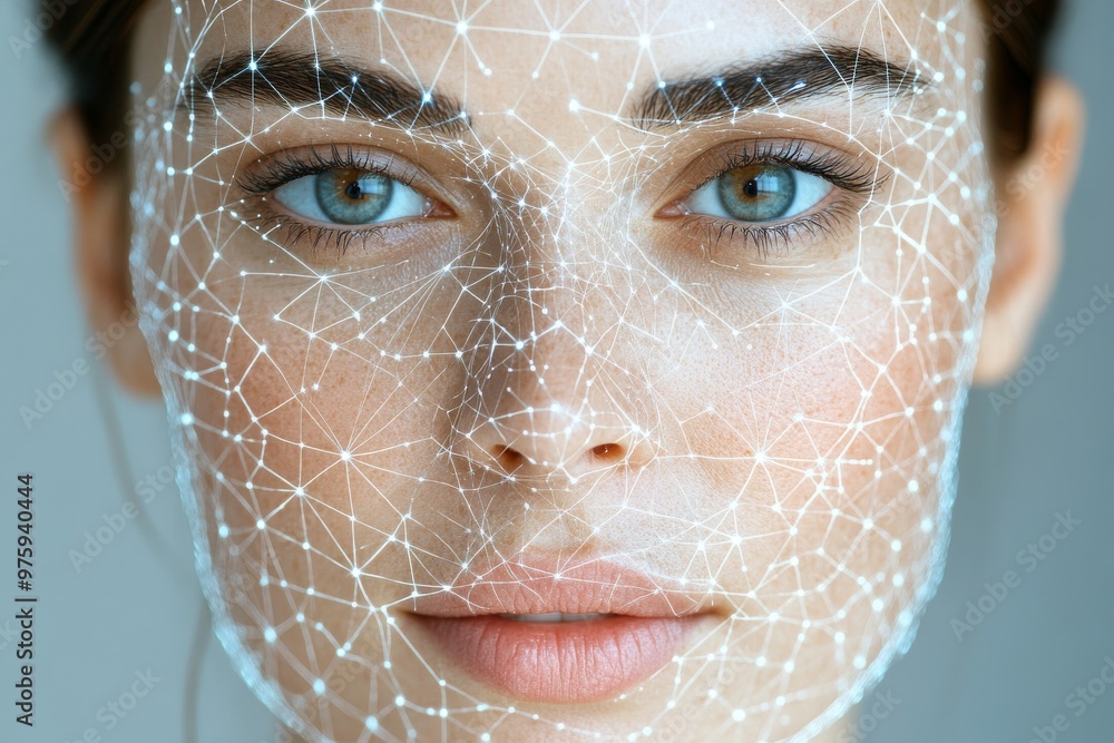 Aufkleber woman with a grid of glowing connections on her face portraying advanced neural mapping ai and futur