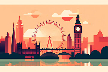 London urban landscape with cityscape silhouette . Pattern with houses. Illustration