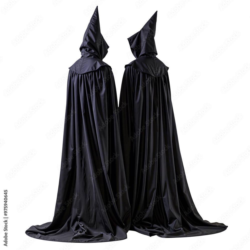 Wall mural enigmatic elegance: two long, black hooded cloaks stand draped, inviting mystery and intrigue.