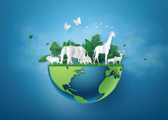 Animal Family on Half Globe with Blue Sky for World Environment Concept