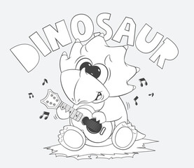Coloring page outline, Cute triceratops cartoon singing and playing ukulele guitar isolated on white background illustration vector.