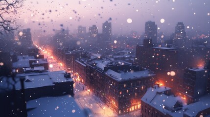 Fototapeta premium A snowy cityscape at dusk, with streetlights glowing and snow falling softly from the sky.