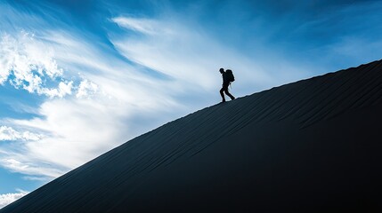 A solitary hiker ascending a massive sand dune, silhouetted against the sky with sand slipping beneath their feet.