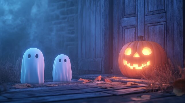 Haunted house Halloween party, eerie lighting and ghostly figures, 3D illustration