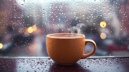 A steaming cup of hot cocoa on a rainy day, with raindrops on the window in the background.